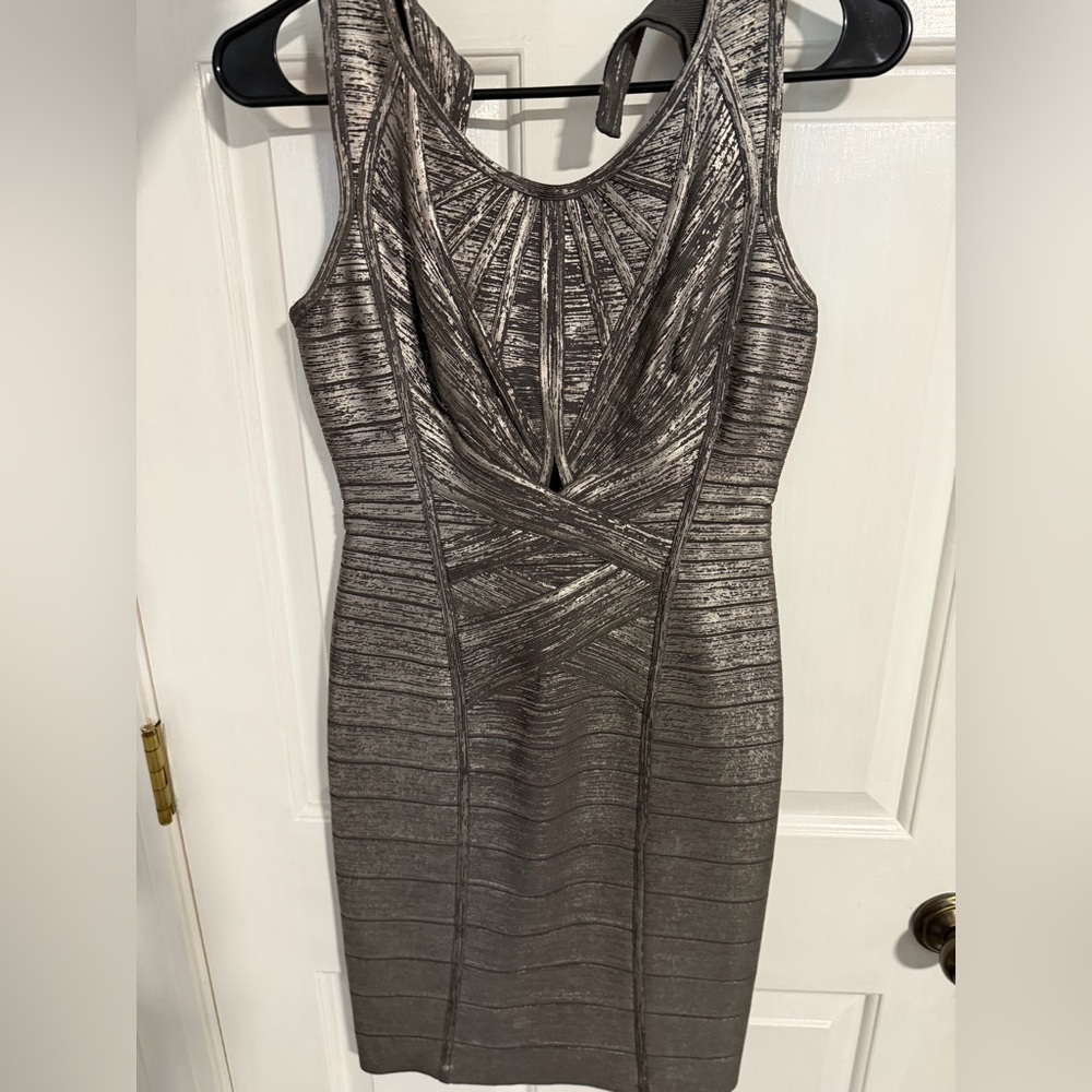 Herve Leger Metallic Silver Sleeveless Bandage Midi Dress